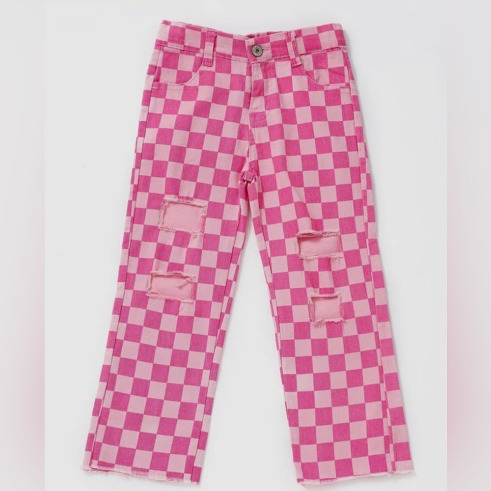 Infant girl Pink Checkered Denim Pants. 6M-18M